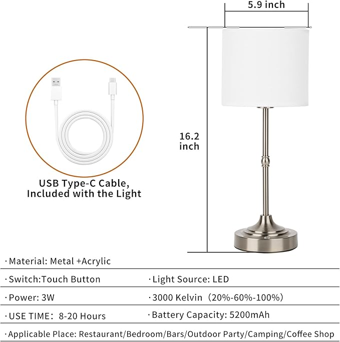 Rechargeable Cordless LED Table Lamp Fabric Shade Desk Lamp, 3-Level Dimmable Touch Control, 5200mAh, Patio Table Lamp, Bedside Night Lamp, Ambient Light for Restaurant.(Silver)