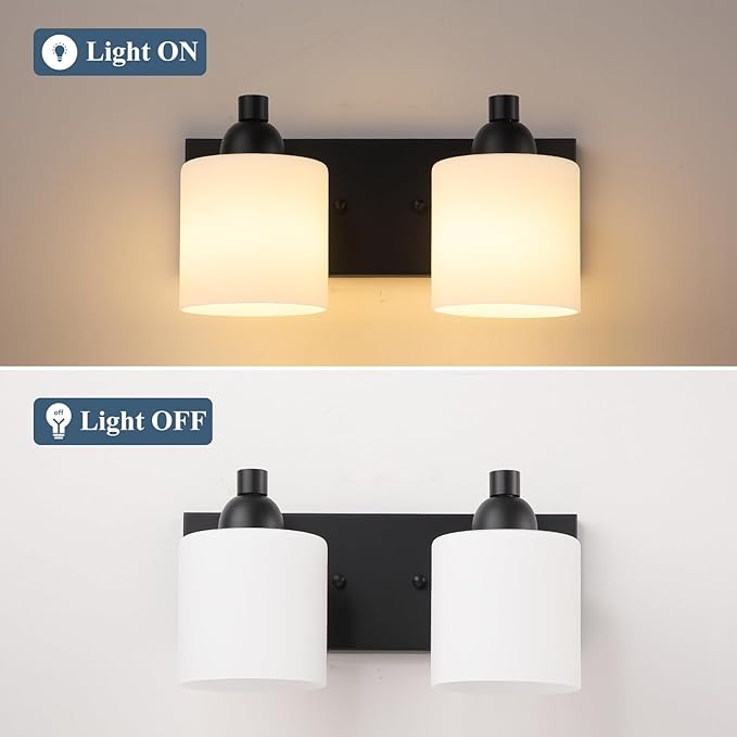 Mecgirn Milk Glass Vanity Lights for Bathroom, 2 Light Matte Black Bathroom Light Fixtures Over Mirror, Ceramic E26 Sockets Wall Mounted