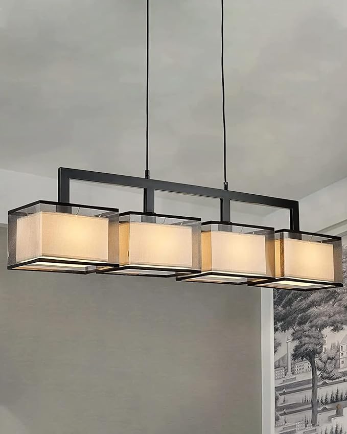 Linear Chandelier for Dining Room, Modern 4 Light Kitchen Island Lighting with Fabric Lampshade, Rectangular Chandeliers for Living Room Restaurant, Black, L44IN x W7IN x H12IN