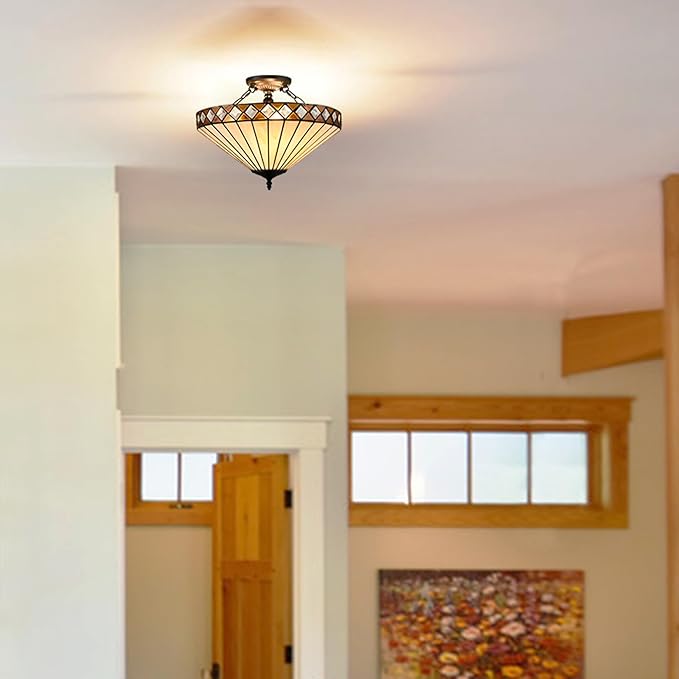 16.6-Inch Tiffany Style Semi Flush Mount Ceiling Light Vintage 3-Light Tiffany Ceiling Light Fixture Stained Glass Flush Mount Ceiling Light for Living Room Bedroom Hallway Staircase Foyer