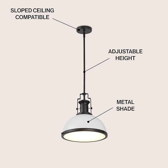 JONATHAN Y 13" Matte Black/White Modern Industrial Iron LED Dome Pendant Light, Adjustable Hanging Fixture for Kitchen Island or Entryway, Black Metal Shade, LED Bulb Included (JYL9536E)