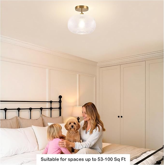Gold Semi Flush Mount Ceiling Light Fixture,Hallway Light Fixtures,Vintage Ceiling Light Fixture,Globe Glass Ceiling Fixture,Hanging Ceiling Lamp,Farmhouse Lighting for Bathroom Entryway Bedroom