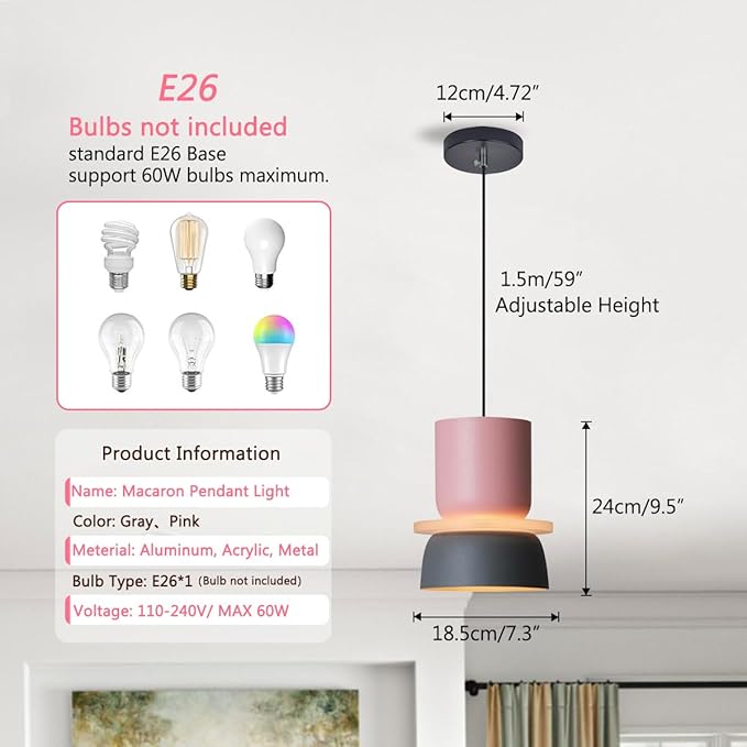 Nordic Modern Pendant Light,Colorful Pendant Light Fixture,Pink Hanging Light Fixture for Bedroom, Macaron Aluminum Finish, Mid Century Hanging Light for Kitchen Island, Dining Room