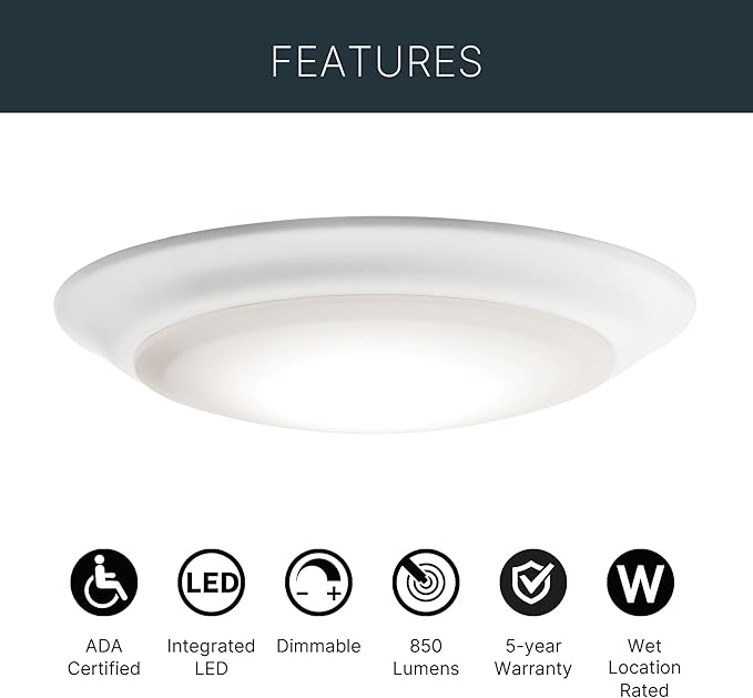 Kichler Gen I LED Downlight, 7.5" Ceiling Flush Mount Interior Dimmable Light, 2700K, (7.5" x 1.5"), White, 43846WHLED27