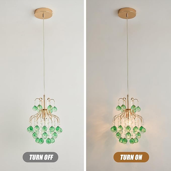 Surpars House Elegant Mini Chandelier Flush Mount Crystal Pendant Light,Golden (Green Shade)