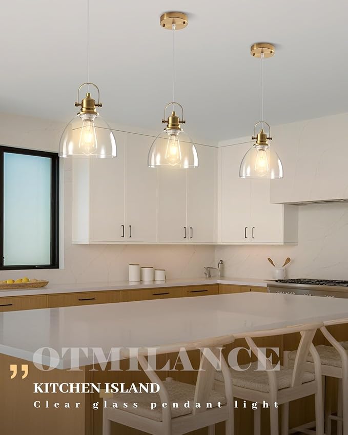 Glass Pendant Lights Kitchen Island, 7.5 inch Gold Glass Pendant Lights 1-Pack, Modern Pendant Light with Clear Glass Shade, Farmhouse Kitchen Pendant Light for Dining Rooms, Kitchen Island