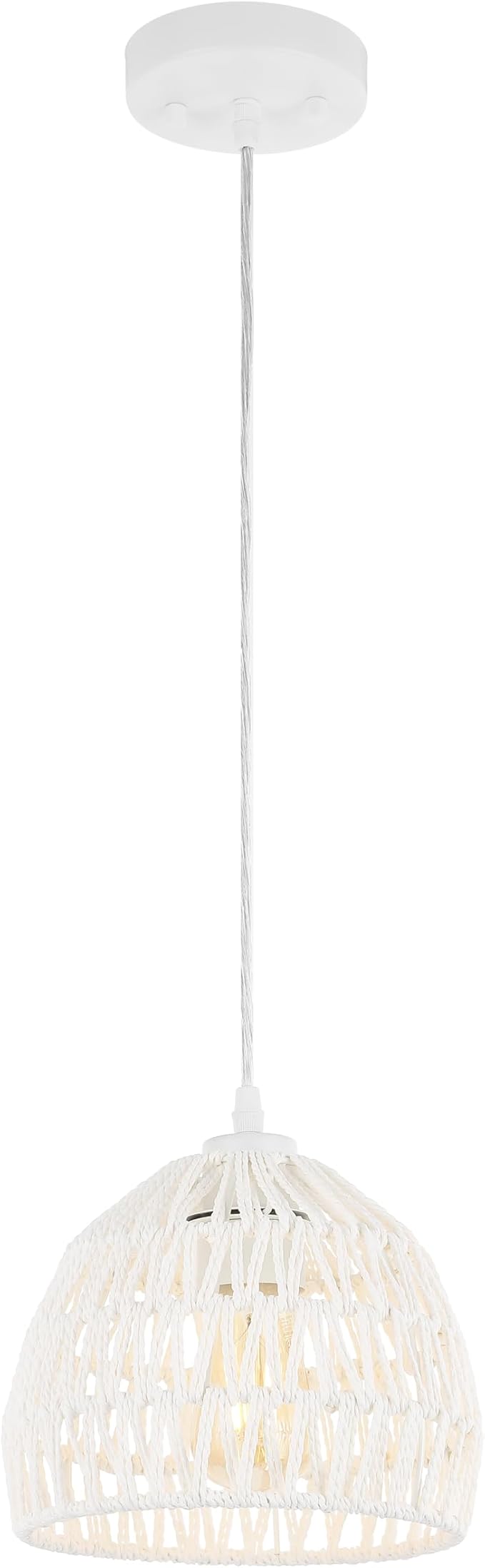 JONATHAN Y 8.25" White Modern Bohemian Woven Rope LED Pendant Light Fixture, Adjustable Dome Ceiling Lamp for Kitchen Island, Rope Shade, Coastal Farmhouse Decor (JYL6512A)