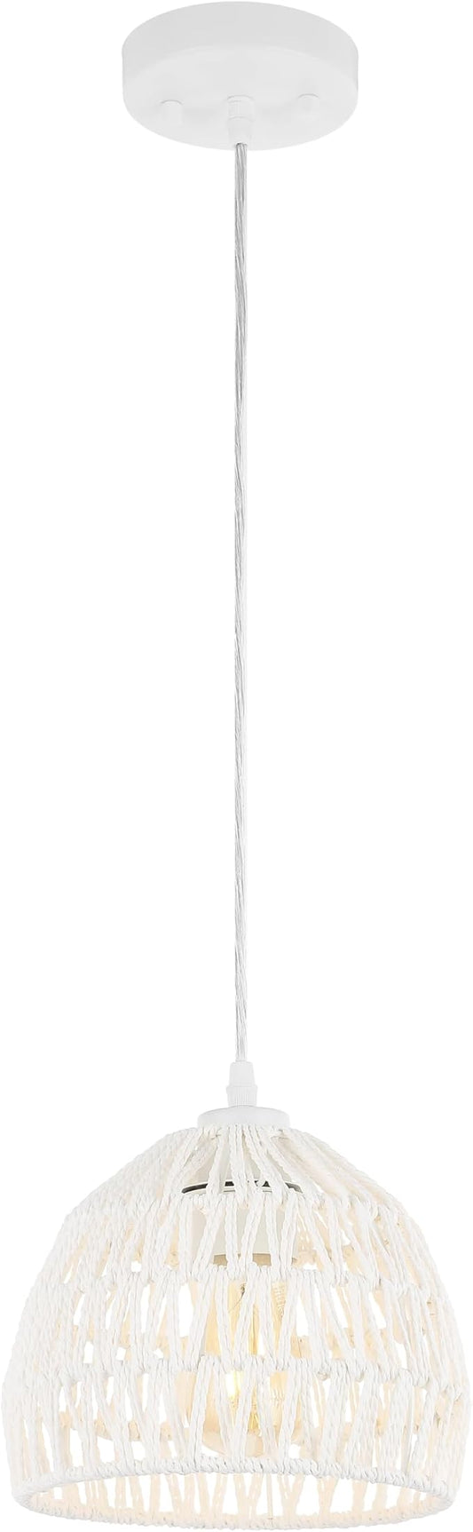 JONATHAN Y 8.25" White Modern Bohemian Woven Rope LED Pendant Light Fixture, Adjustable Dome Ceiling Lamp for Kitchen Island, Rope Shade, Coastal Farmhouse Decor (JYL6512A)