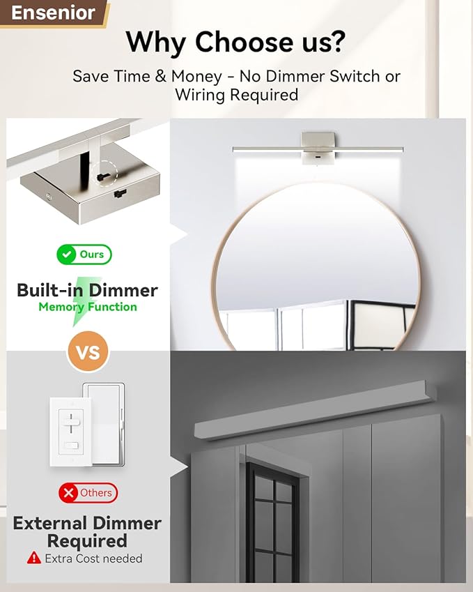 Ensenior Modern Brushed Nickel Bathroom Vanity Light 24 inch, Built-in Dimmer, 1100LM Dimmable 5CCT Led Bath Lights, Bar Vanity Light for Bathroom Mirror Cabinets Bedroom-FCC & ETL Certificated