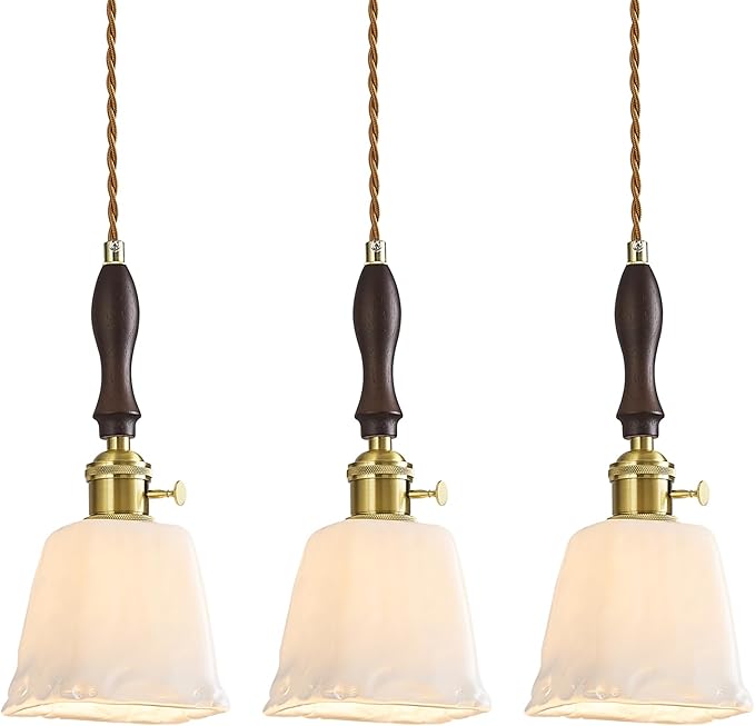 Mini Pendant Light Milky White Glass Pendant Lights Vintage Brass Pendant Lighting Kitchen Island Hanging Lamp with Wood Handle for Bedroom Dining Room (3 Pack)