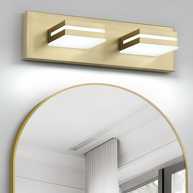 OKELI 2 Light Bathroom Vanity Light Gold Modern 16W LED Dimmable Vanity Light Over Mirror 350° Adjustable Lamp Head Cold White 6000K ETL Listed 15.5Inch