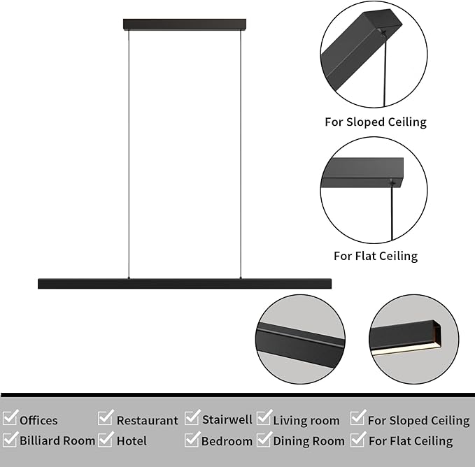 Modern Ceiling Pendant Light,57in LED Black Linear Ceiling Chandelier Light Dining Room,Living Room,Warm & Cool, Neutral Light,Aluminum Island Lighting Hanging Pendant Light for Kitchen