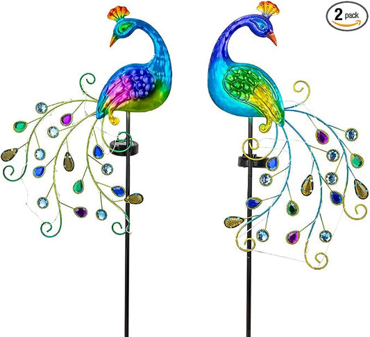 DREAMSOUL 2 Pack Peacock Solar Lights Outdoor, Waterproof Metal Peacock Outdoor Solar Lights for Yards Pathway Lawn Decoration Peacock Gifts