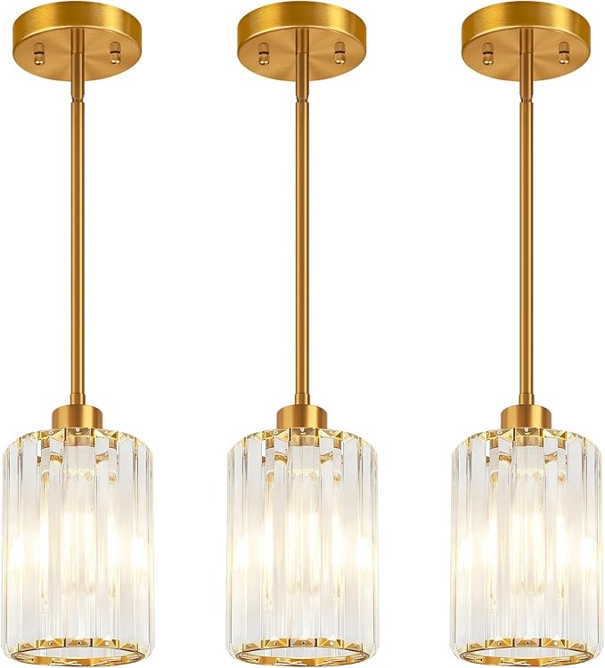 3 Pack Brushed Gold Pendant Lights Kitchen Island, Modern Crystal Chandelier Kitchen Pendant Lighting Over Island, Adjustable Hanging Mini Light Fixtures for Dining Room Hallway Corridor Bedroom
