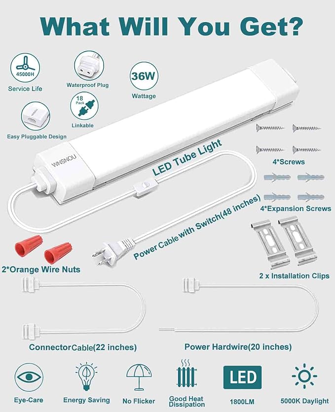 WNSNOU LED Shop Light With Plug, 4FT Waterproof Linkable Tube, 36W Cabinet Lighting 5000K Wired Electric Ceiling With ON/Off Switch, 4000LM Closet Light for Workshop, Room