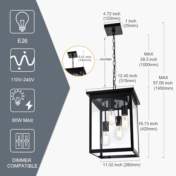 TODOLUZ Large Outdoor Pendant Light Fixtures, 4-Lights Black Exterior Ceiling Hanging Lanterns with Clear Glass, Farmhouse Outdoor Chandelier for Front Door Entry Patio