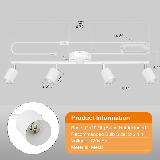 Plug in Track Lighting LED, Track Lighting Fixtures Ceiling, White 4-Light Kitchen Light Kit, Plug in Wall Light with 14.8ft Power Cord, Rotatable Ceiling Spotlight for Bedroom(GU10 Socket, NO Bulb)