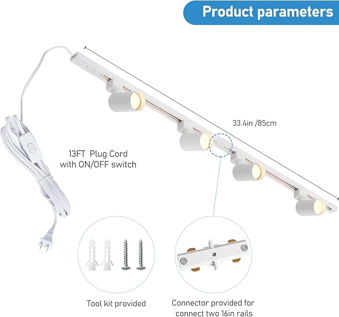 Plug in Track Lighting with Power Cord, 4-Light GU10 Track Lighting Kit with Track Rail, Modern Kitchen LED Track Lighting Fixtures Ceiling Wall Spot Light, 13FT Plug Cord, White (No Bulbs)
