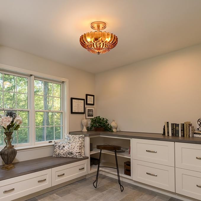 Semi Flush Mount Ceiling Light Fixture, Amber Glass 3-Light Modern Vintage Ceiling Lights, Scalloped Close to Ceiling Light, Gold Base Flush Mount Ceiling Light for Hallway Bedroom Entryway Kitchen