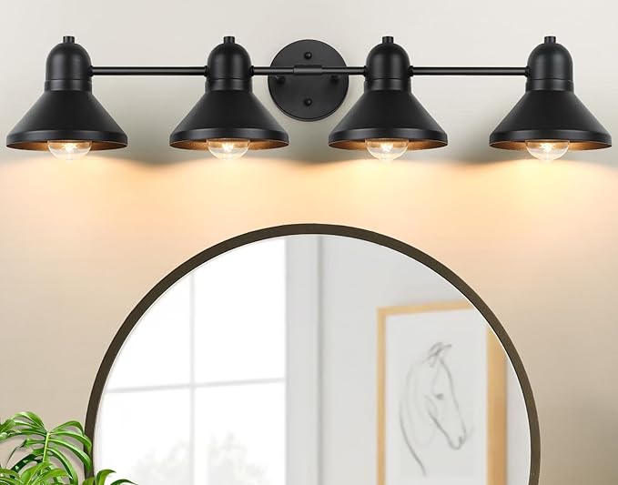 Bathroom Light Fixtures, 4-light Vanity Light Over Mirror, Matte Black Metal Bathroom Light, Modern Farmhouse Rustic Industrial Indoor Wall Mount Lighting Sconce for Living Room Cabinet Hallway