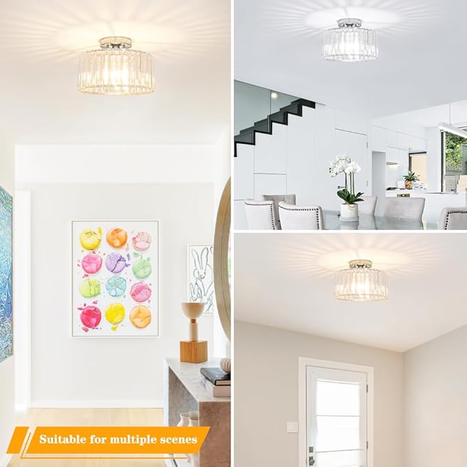 Crystal Ceiling Light Fixture, Chrome Close To Ceiling Light Fixtures, Modern Semi Flush Mount Ceiling Light, Hallway Lighting Fixture Chandelier for Bathroom Bedroom Porch Kitchen Living Room, 11in