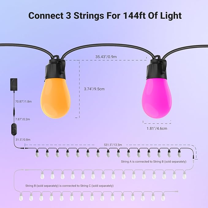NEEWER 48ft Outdoor String Lights, App Control Smart AI RGBW Hanging Outside Patio Balcony Backyard Holiday Lighting, IP65 Waterproof, 15 LED Bulbs, 50+ Scenes, Compatible with Alexa Google, NR01