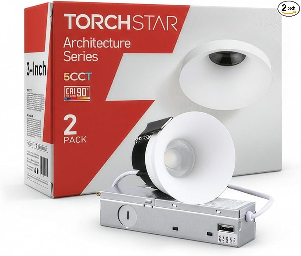 TORCHSTAR 5CCT Trimless 3 Inch LED Recessed Light, 12W Canless Dimmable LED Downlights with J-Box, Anti-Glare Semi-Recessed Downlight, 2700K/3000K/4000K/4500K/6500K Selectable, CRI 90, Pack of 2