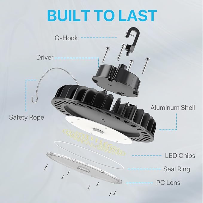 HYPERLITE LED UFO High Bay Lights 250W 36,250lm 1-10V Dimmable 5000K 5' Cable with 110V Plug Hanging Hook Safe Rope UL Listed for Shopping Mall Stadium Exhibition Hall