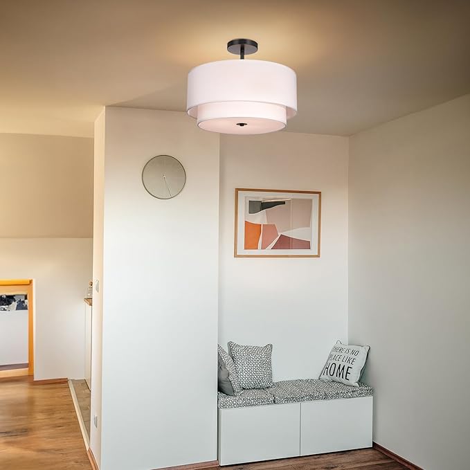 FRIDEKO HOME 3-Light Semi Flush Mount Ceiling Light,15.7 inch Ceiling Light Fixture with White 2-Layer Fabric Shade Drum Lights for Bedroom Living Room Kitchen Foyer Hallway