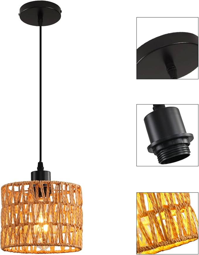 Woven Pendant Light Boho Chandelier, Rattan Pendant Lights Kitchen Island, Farmhouse Pendant Lighting with Hand Woven Wicker Shade, Boho Chandelier Light Fixtures Ceiling Hanging Light