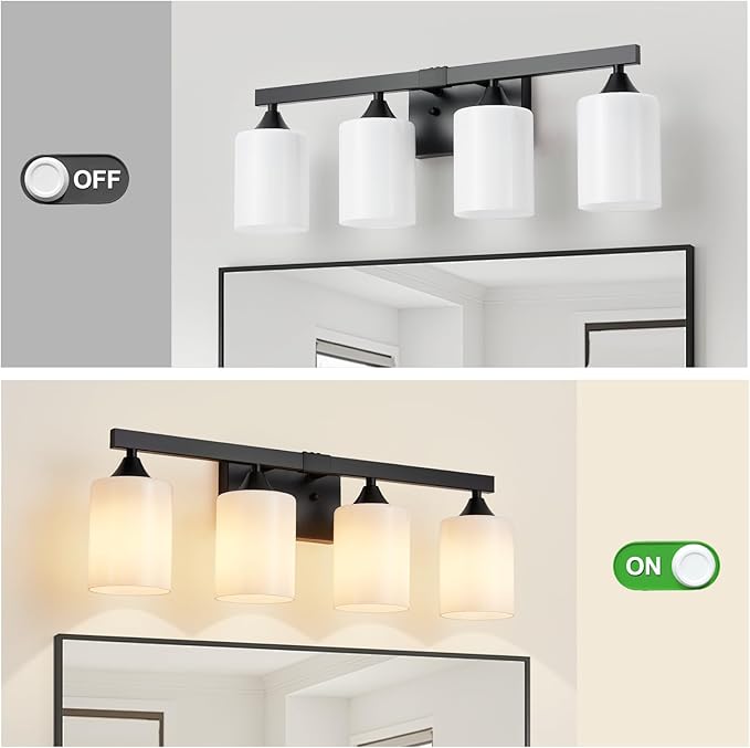 ZHU YAN Bathroom Lights Fixtures Over Mirror,4-Light Vanity Light Fixtures,White Frosted Glass Shades,22 Inches Modern Matte Black Wall Sconces for Bathroom,Bedroom,E26 Base