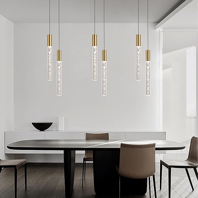 Modern Gold Pendant Light Fixture (2 Lights), 3 Color LED Pendant Light Acrylic Wire Adjustable Ceiling Pendant for Kitchen Island, Living Room, Bedroom, and Dining Room(Gold, 2Light 3pack)