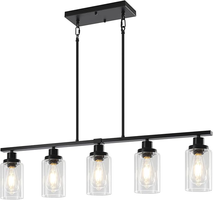 Modern Island Lights for Kitchen, Black Dining Room Light Fixtures Over Table 5-Light Farmhouse Linear Chandelier Adjustable Hanging Kitchen Lights Ceiling Clear Glass Pendant Lighting Over Island