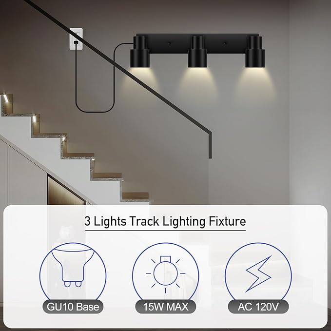 Plug-in Track Lighting LED, Track Light Fixtures Ceiling, Black Plug in Wall Lights with 14.8ft Cord, 3 Way Ceiling Spotlight for Kitchen, Rotatable Light Head for Bedroom Hallway(GU10 Socket,NO Bulb)