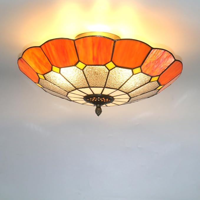Tiffany Style Ceiling Light 16 Inch 3-Lights Vintage Pendent Stained Glass Flush Mount Ceiling Light Chandelier Lighting Fixtures for Bedroom Dining Room Living Room (Orange 16 Inch)
