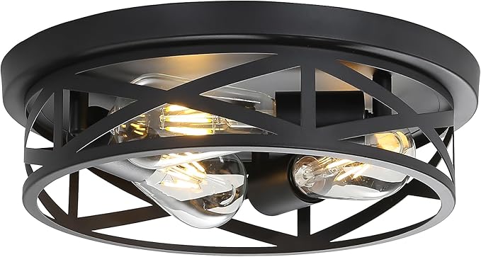 Cage Flush Mount Ceiling Light Fixtures, 3-Light Farmhouse Light with Metal, 13 Inch Black Industrial Close to Ceiling Lights for House Indoor Living Room, Kitchen, Entryway and Foyer
