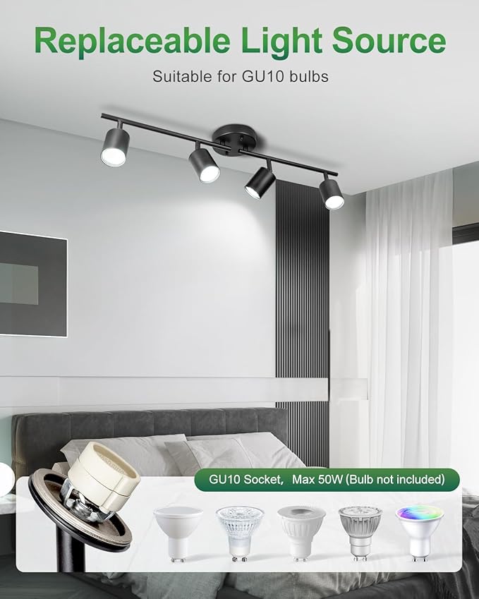 4 Ways Track Lighting, Rotatable Heads Tracks Light, Track Lightings Fixtures Ceiling with Foldable Arms, Modern Black Tracks Light for Kitchen, Living Room, Hallway(Bulbs Not Included)