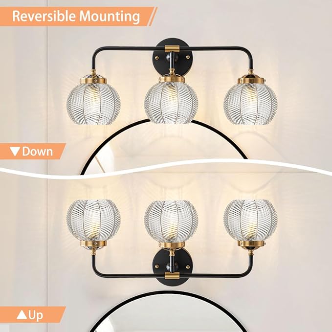 Bathroom Vanity Light fixtures 3 Light Glass Globe Wall Sconce Lights Black Wall Mount Light with Clear Glass Shade, Mid Century Modern Wall Sconce for Over Mirror Bedroom Hallway (3-Lights)