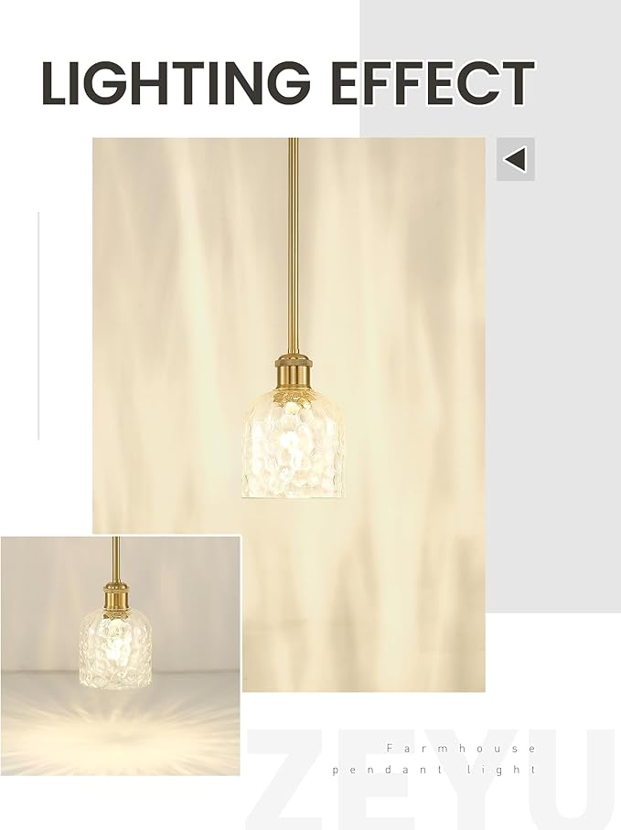 zeyu 1-Light Kitchen Pendant Lighting Fixture, Kitchen Island Ceiling Light, Vintage Pendant Light with Clear Hammered Glass, Brushed Gold Finish, ZJF63MIL BG