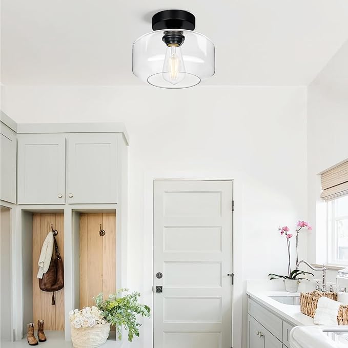 Industrial Semi Flush Mount Ceiling Light, 800 Lumen LED Bulb Included, Clear Glass Shade Ceiling Light Fixture, Farmhouse Light Fixture for Hallway Corridor Kitchen Bathroom Bedroom Passway