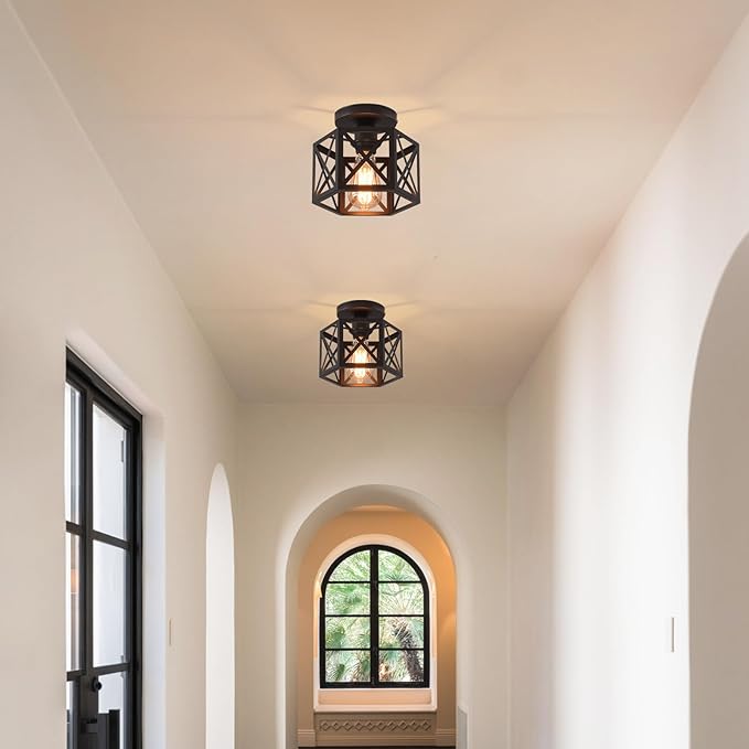 Black Flush Mount Ceiling Light,Hallway Light Ceiling Mount,Industrial Vintage Metal Cage Close to Ceiling Lights for Kitchen,Farmhouse,Bedroom