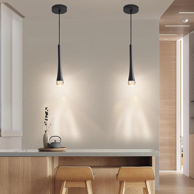 Modern Black LED Pendant Light, Kitchen Island Ceiling Hanging Lights, Teardrop Bubble Crystal, 3 Color 2700K/4500K/6500K, Bedside Small Chandeliers Lamps for Bar, Dining Room, Bathroom, Hallway