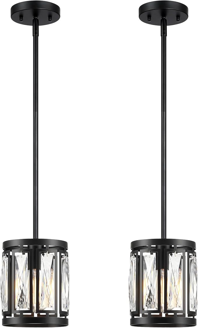 Crystal Pendant Lighting Fixture Matte Black Drum Shade Chandelier,2-Pack Pendant Lights for Kitchen Island Modern Ceiling Lights for Living Room