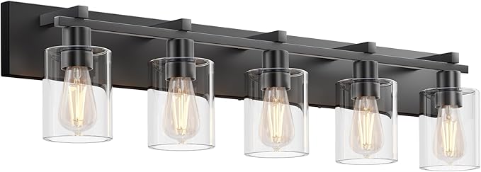 Espird Bathroom Vanity Light,5 Light Matte Black Light Fixture with Thickened Clear Glass Shade, 37 inch Modern Wall Sconce, Bathrooms Vanity Light Over Mirror for Bathroom