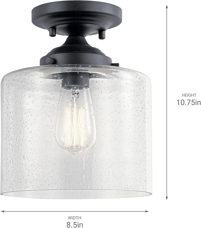 Kichler Winslow 8.5" 1-Light Semi Flush Mount Light with Clear Seeded Glass in Black for Kitchen, Bar, Laundry, Hallway, Bedroom, Dining Room (8.5" x 10.75"), 44033BK