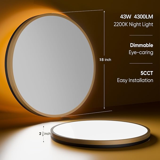 Lightania 18 Inch Flush Mount Ceiling Light with Remote Control & Night Light, 5CCT Dimmable Ceiling Light Fixture, 43W 4300LM 2700K-6500K Adjustable LED Ceiling Lights for Bedroom Kitchen Living Room