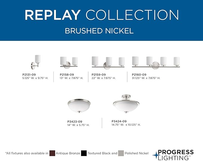 Progress Lighting Replay Collection 1-Light Etched White Glass Modern Bath Vanity Light Brushed Nickel, E26