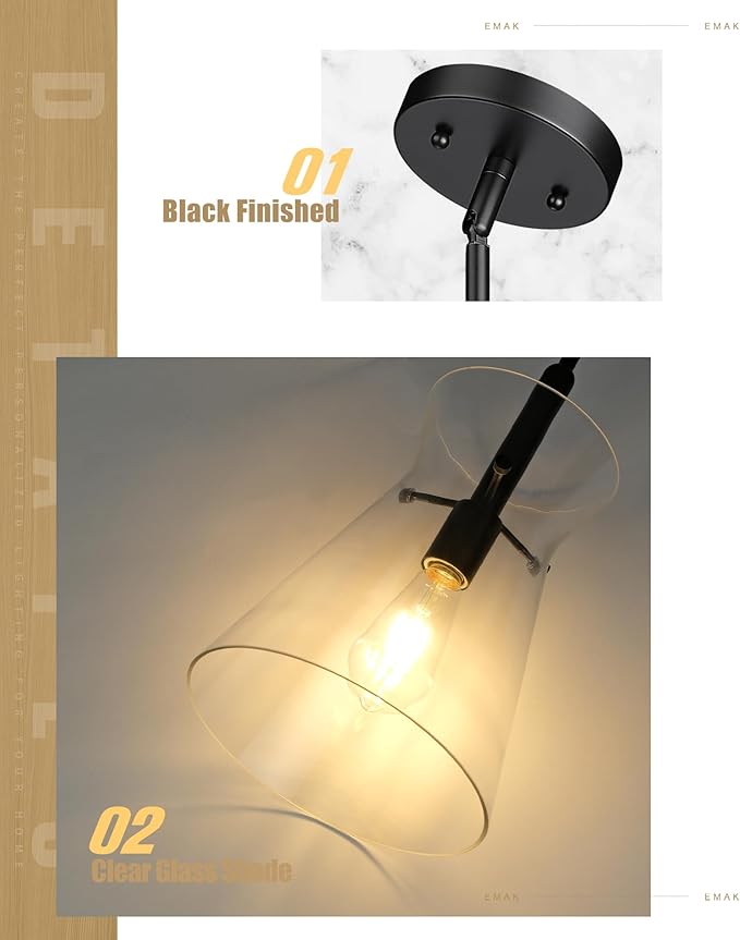 Emak 9 Inch Black Pendant Light, 2 Pack Large Pendant Lights Kitchen Island with Clear Glass Shade, Modern Farmhouse Hanging Light Fixture for Kitchen, Dining Room, Bathroom, PL130-BK-CG-2PK