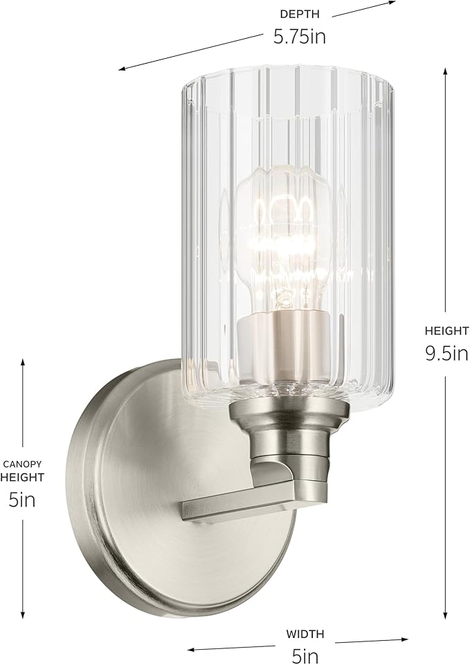 Kichler Gioe 5" 1-Light Wall Sconce with Clear Fluted Glass in Brushed Nickel, Damp Rated, for Powder Room, Kitchen, Hallway, Bedroom, Fireplace, (5" W x 9.5" H), 55224NIFLU