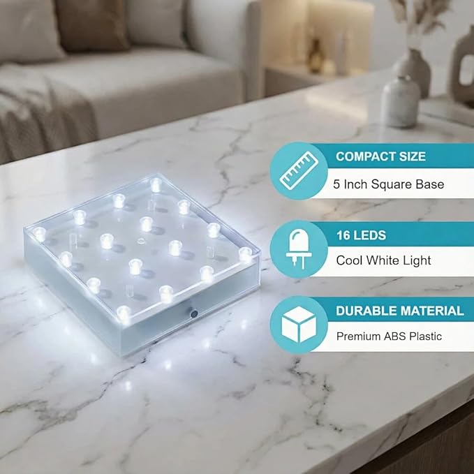 Simplelight 5 Inch Square LED Light Base - Perfect for Glass Art, Ideal Led Display for Vases, Centerpieces (5inch Square LED Vase Base Light, White)
